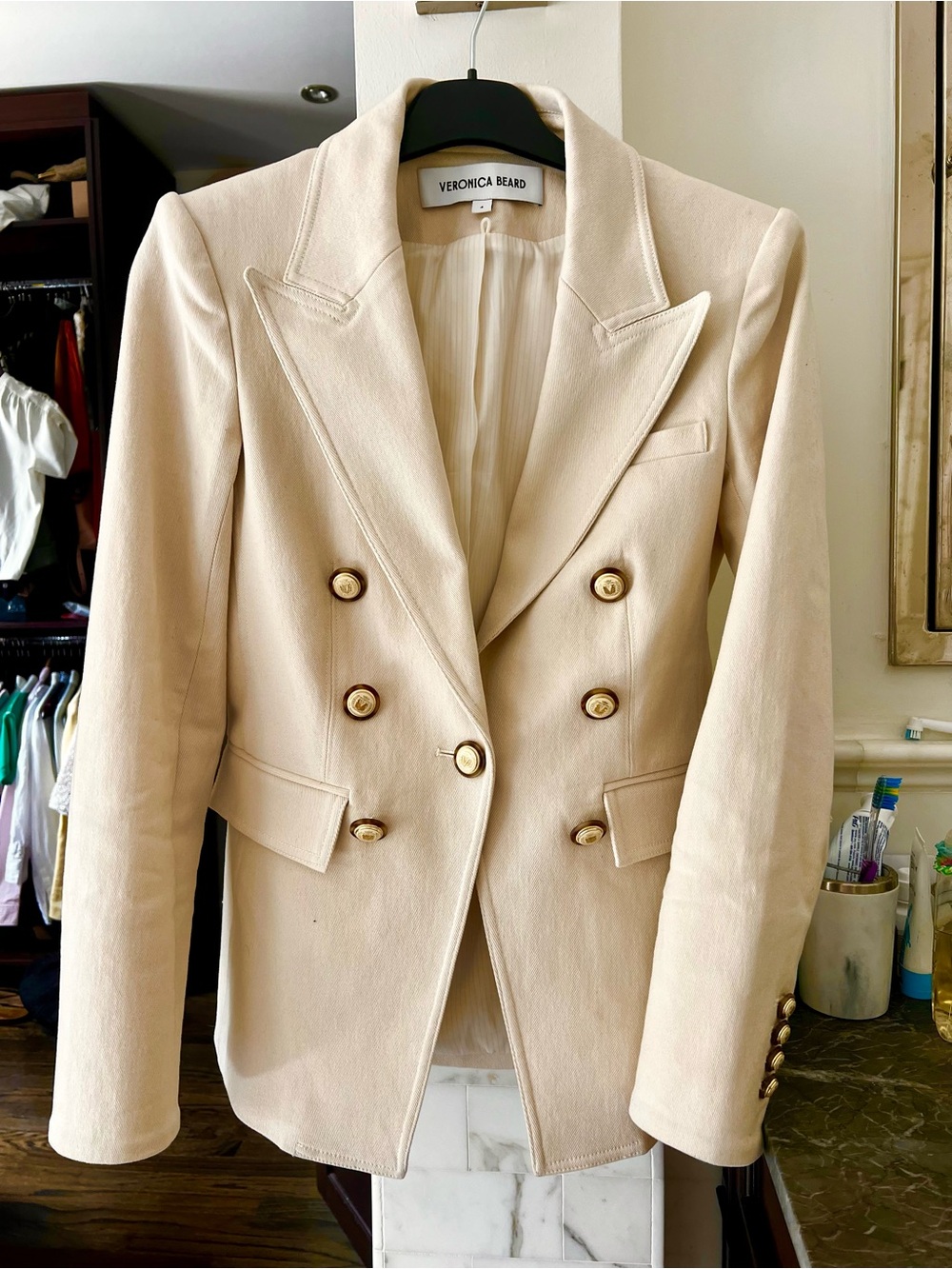 Veronica Beard Cream Double-Breasted Dickey Blazer with Gold Buttons